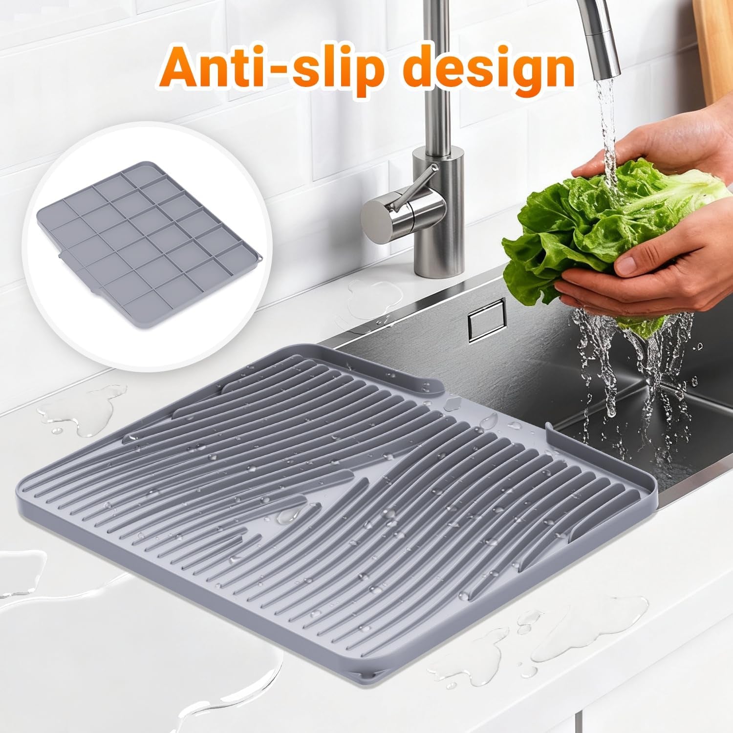 Silicone Dish Drying Mat for Kitchen Counter,Dish Drying Pad,Non-Slip Drain Pad with Built-In Drain,Heat Resistant Stone Drying Mat,15.8"X 13",Gray,2Pcs