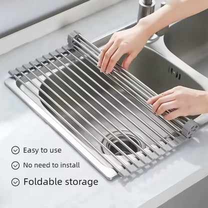 Rollable Foldable Stainless Steel Sink Drying Rack Kitchen Multifunctional Dish Drainer for Vegetable Fruit Storage