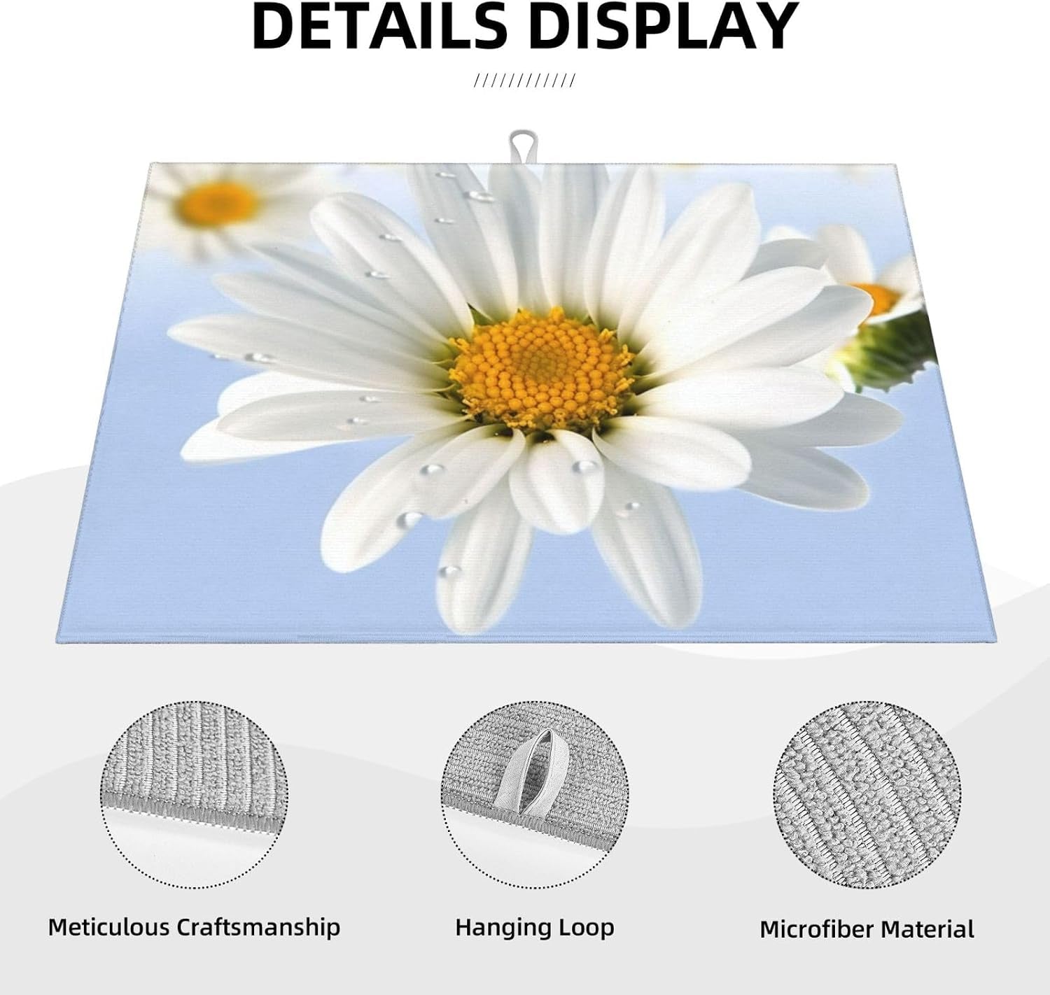 White Daisy Dish Drying Mat for Kitchen Counter Microfiber Dish Drying Pad XL Super Absorbent Dish Drainer Mats with Hook Large Kitchen Drying Mat 18X24 Inch