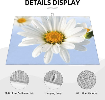 White Daisy Dish Drying Mat for Kitchen Counter Microfiber Dish Drying Pad XL Super Absorbent Dish Drainer Mats with Hook Large Kitchen Drying Mat 18X24 Inch