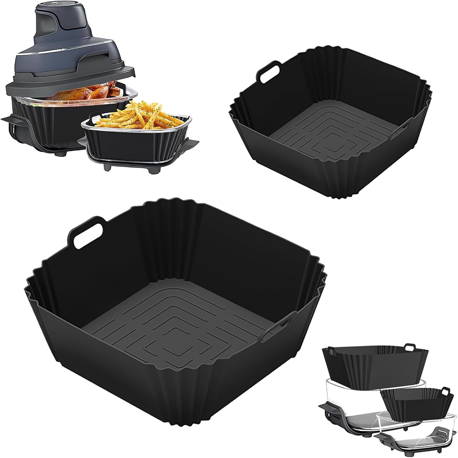 Silicone Air Fryer Liners for Ninja Crispi, 2PCS Reusable Silicone Air Fryer Basket Liners for Ninja Air Fryer Accessories,Large for 4-Qt &Small for 6-Cups Container,Non-Stick,Dishwasher Safe