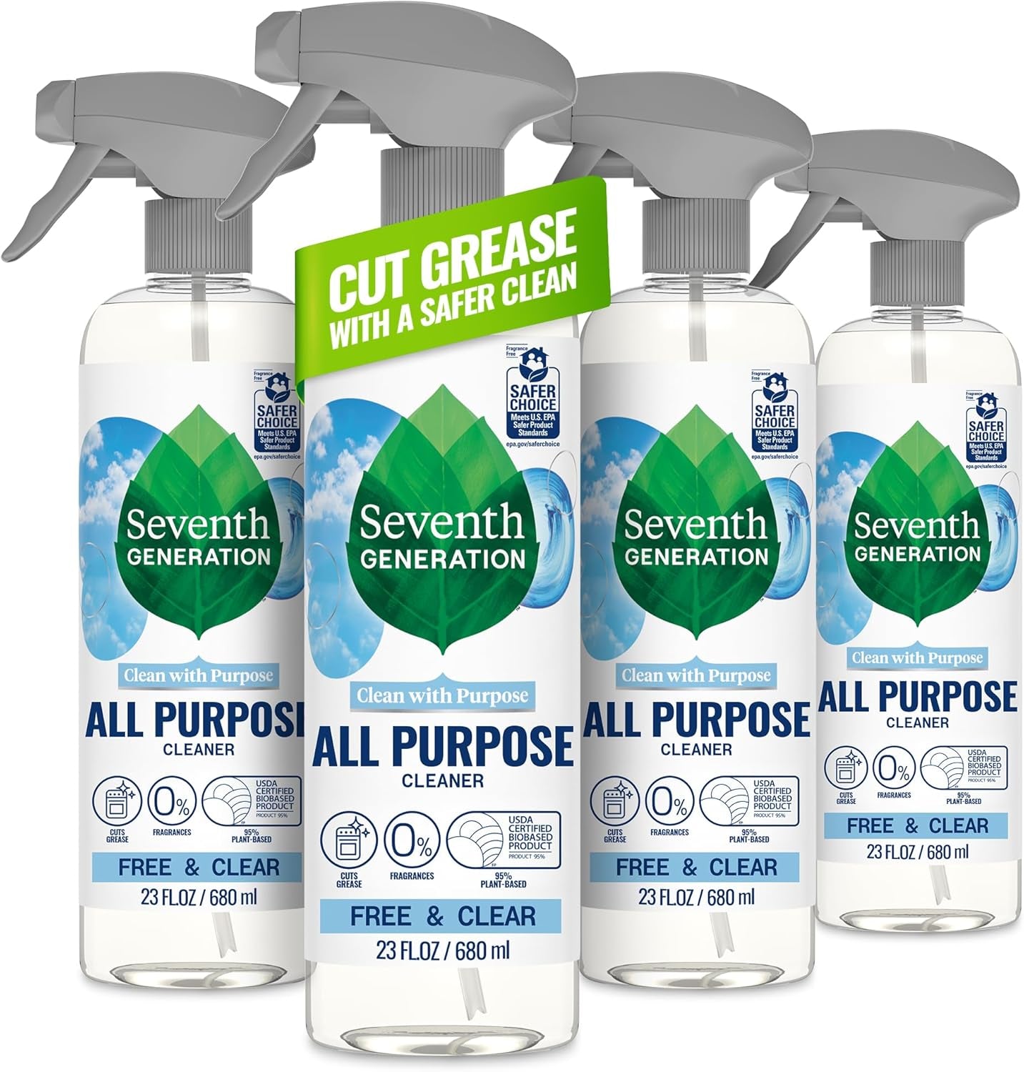 Seventh Generation All Purpose Cleaner, Free & Clear, 23 Oz, Pack of 4, Plant-Based Cleaning Spray, Cuts Grease & Grime, No Fragrance or Vocs, Safe for Kids & Pets, Works on Glass, Sealed Wood & More