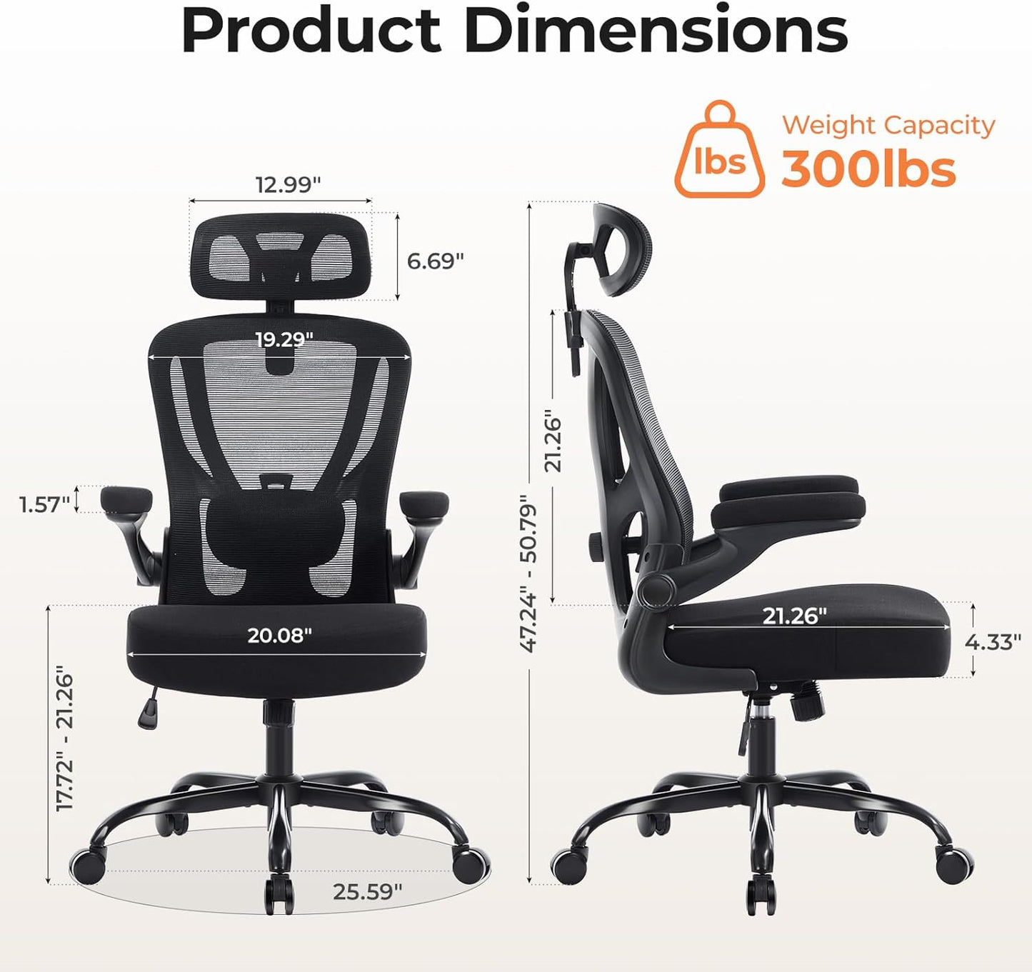 Office Chair Ergonomic Office Chair with Lumbar Support, Head Support, Rocking Function, Filp-Up Armrests, Mesh High Back Chair Home Office Desk Chair, Suitable for Home, Office, Black