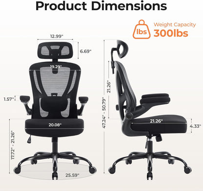 Office Chair Ergonomic Office Chair with Lumbar Support, Head Support, Rocking Function, Filp-Up Armrests, Mesh High Back Chair Home Office Desk Chair, Suitable for Home, Office, Black