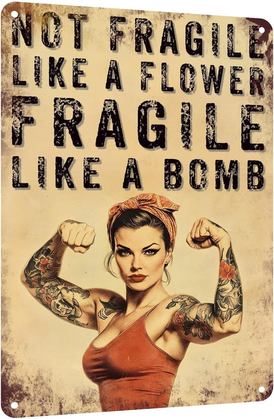 Home Gym Decor for Women, Not Fragile like a Flower Fragile like a Bomb Aluminum Metal Sign, Vintage Fitness Girl Wall Decor, Motivational Workout Room Poster for Garage Gym, 8X12 Inch