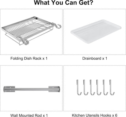 over Sink Dish Drainer Drying Rack, Stainless Steel Foldable Wall Mounted Dish Racks with Drainboard Hanging Rod and Sponge Holder, Silver