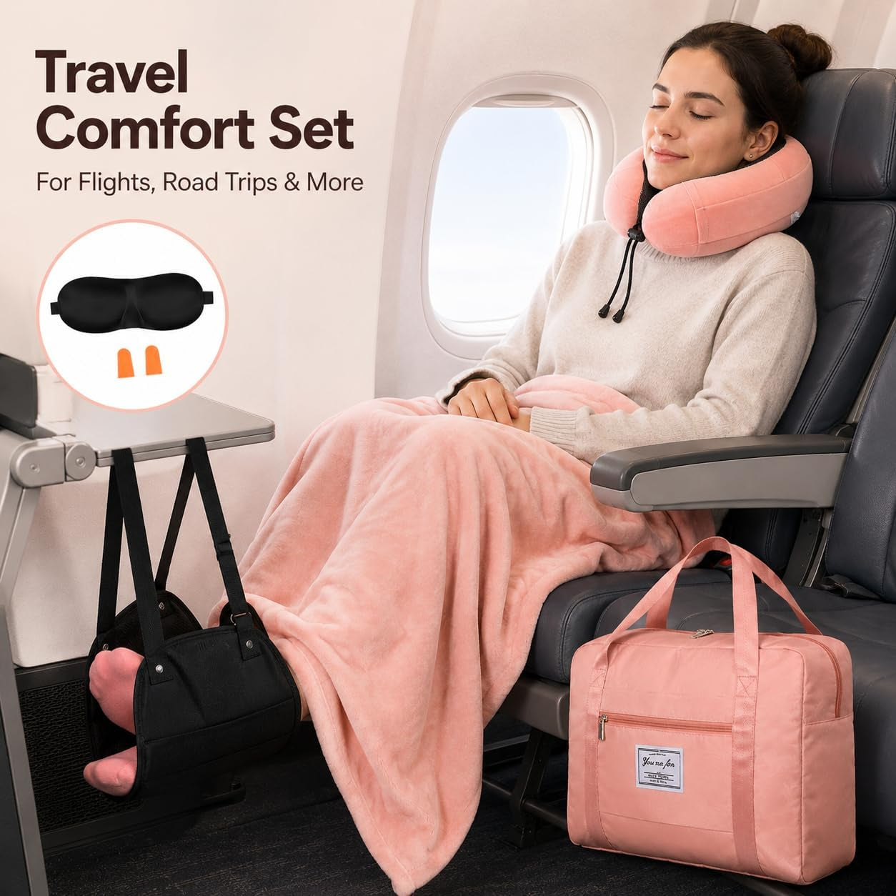 Travel Pillow and Blanket Set & Foot Rest, Memory Foam Neck Pillow Airplane Blanket & Airplane Foot Hammock & Foldable Duffel Bag, Eye Mask & Earplugs, Portable Travel Accessories Essentials, Pink