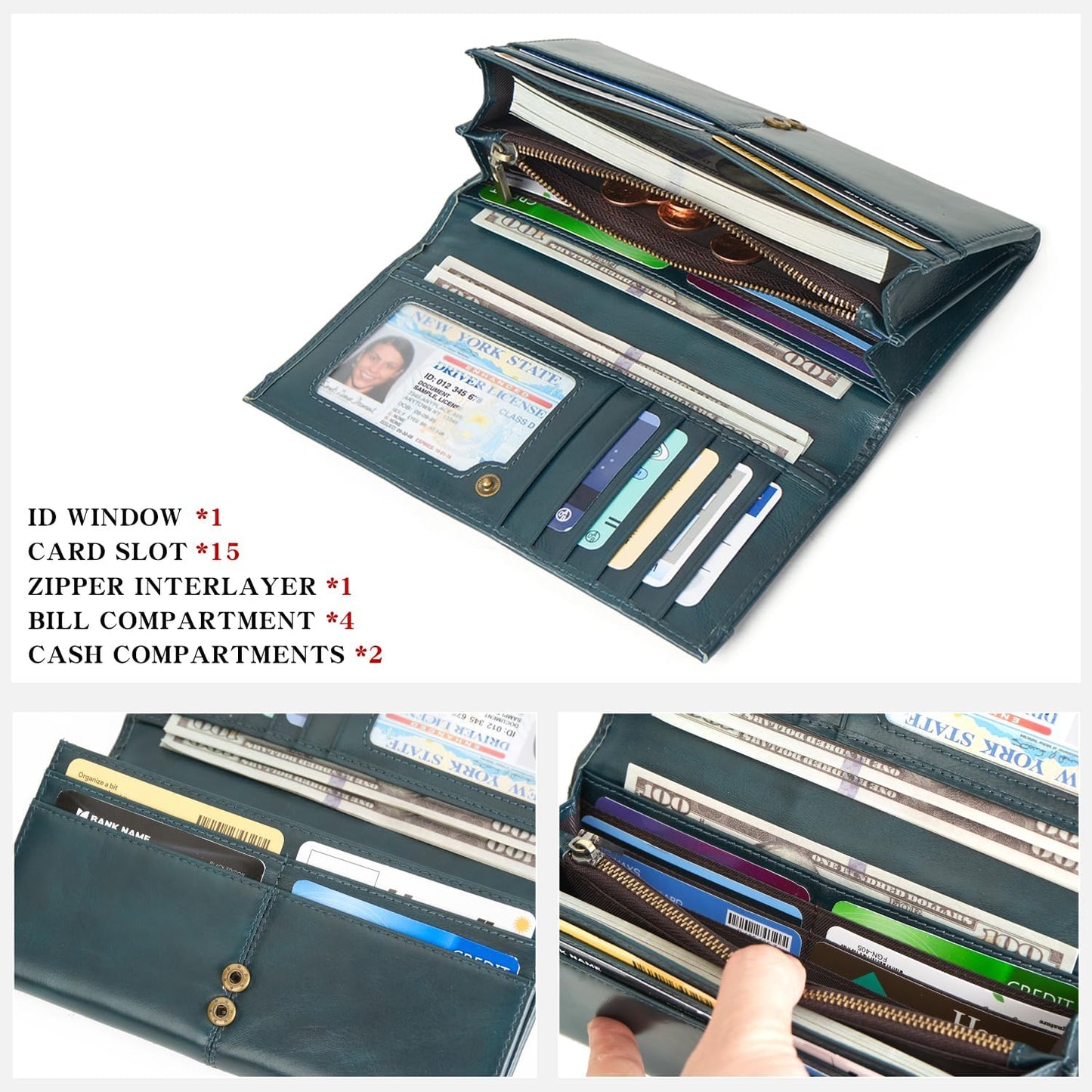 RFID Blocking Wallets for Women Leather Long Ladies Wallet Bifold Womens Wallet with Coin Pocket ID Window,Blue