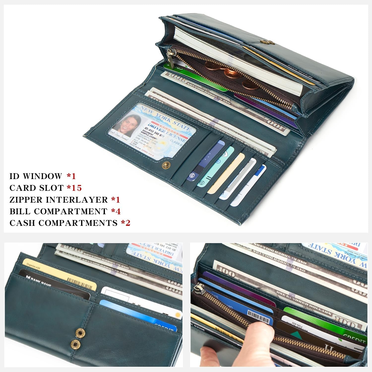 RFID Blocking Wallets for Women Leather Long Ladies Wallet Bifold Womens Wallet with Coin Pocket ID Window,Blue