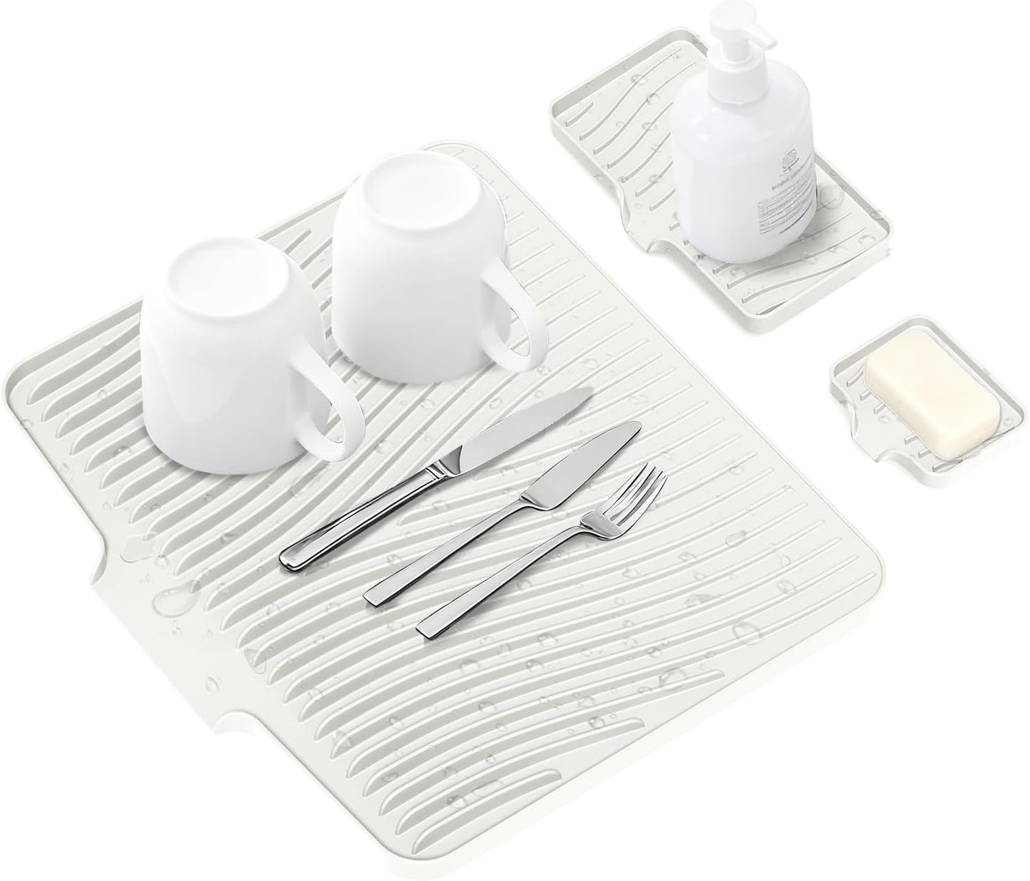 Silicone Dish Drying Mat for Kitchen Counter,Dish Drying Pad,Non-Slip Drain Pad with Built-In Drain,Heat Resistant Stone Drying Mat,15.8"X 13",Cream，1Set