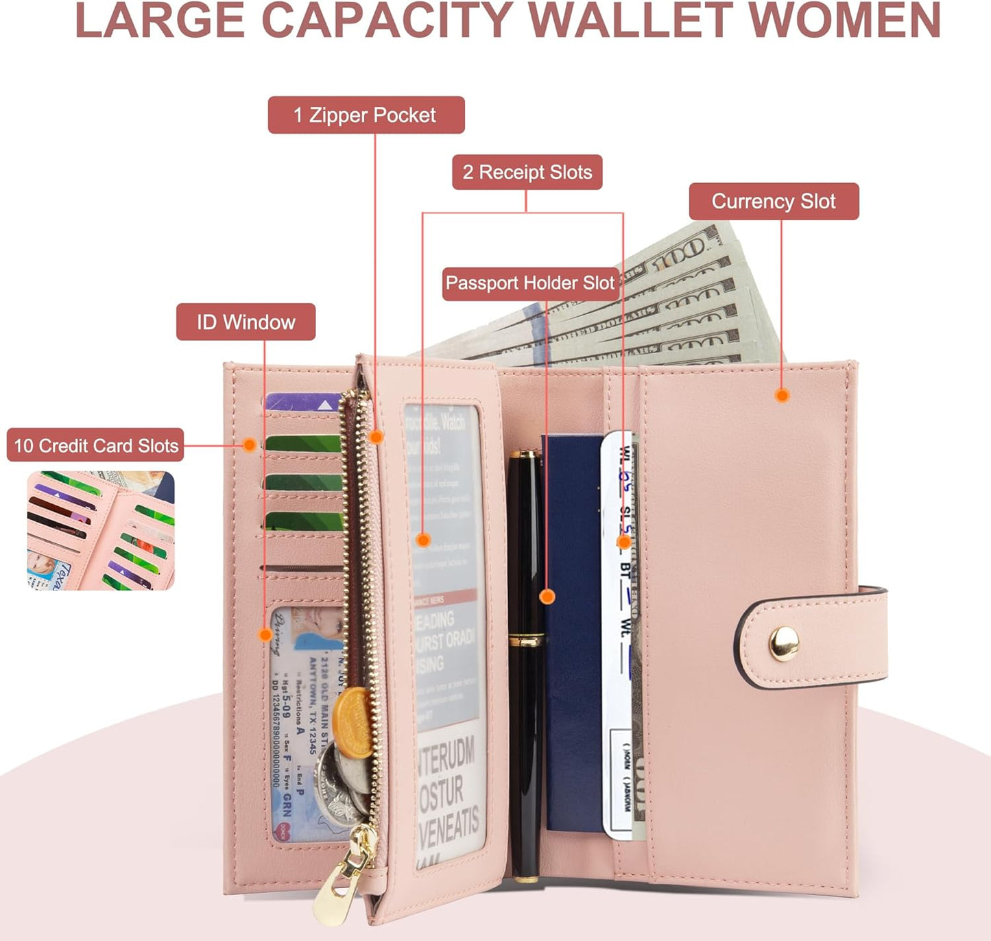 Womens Wallet RFID Blocking Leather Trifold Clutch Wallet Credit Card Holder Ladies Travel Wallet Purse with Pen Holder