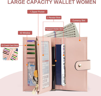 Womens Wallet RFID Blocking Leather Trifold Clutch Wallet Credit Card Holder Ladies Travel Wallet Purse with Pen Holder
