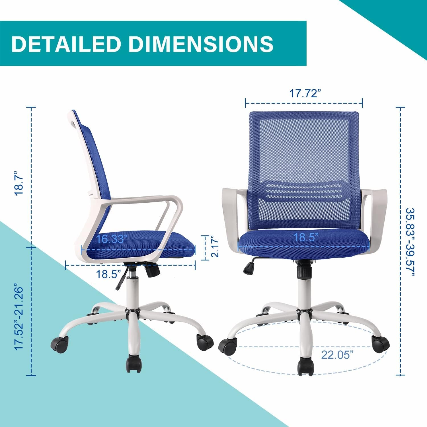 Ergonomic Mesh Desk Computer Mid Back Task Chair for Home Office Gaming, Blue