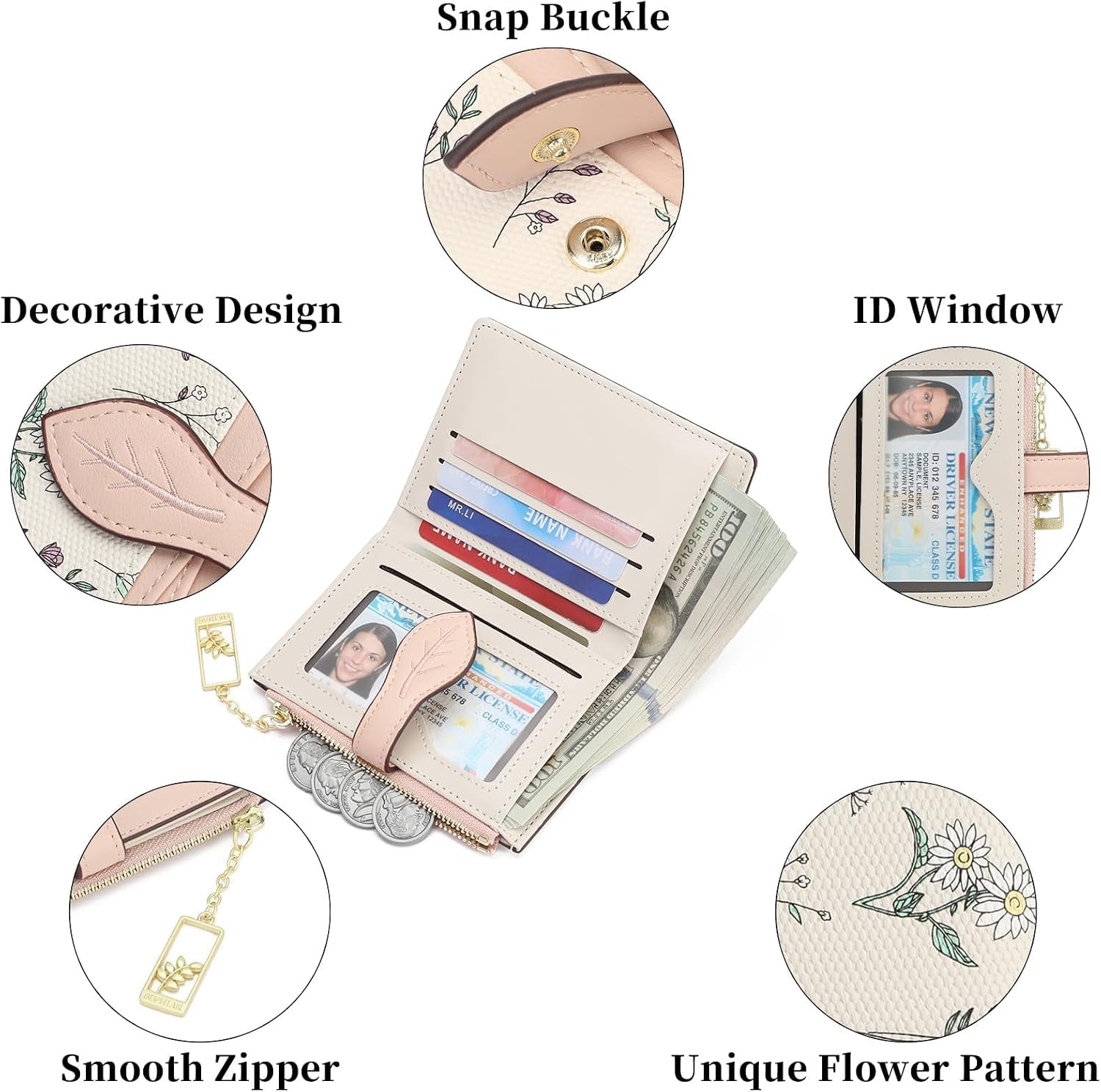 Small Wallets for Women RFID Blocking Bifold Floral Vegan Leather Wallet Card Holder with Zipper Pocket ID Window
