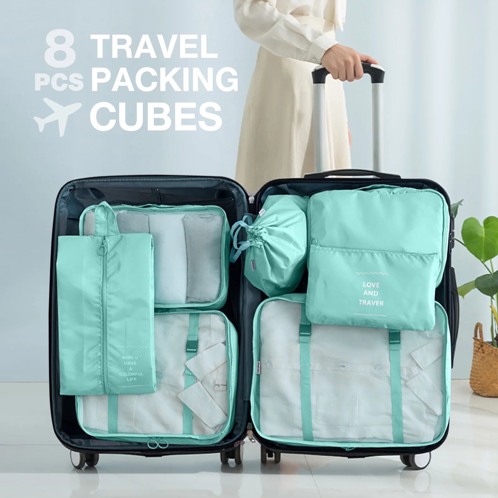 8Pcs Packing Cubes for Luggage , Packing Cubes Set for Travel Luggage Packing Organizers (Light Green)