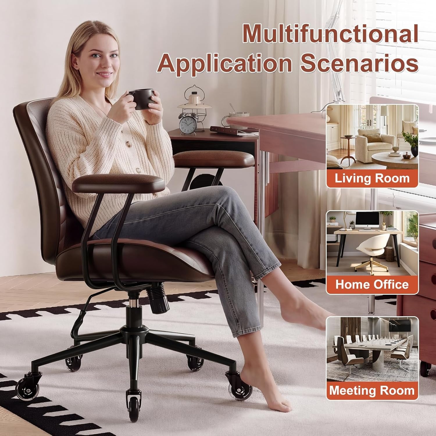 Home Office Desk Chair, Adjustable Comfy Office Chair with Wheels,Leather Office Chair with Removable Armrests, Office Desk Chair with Lumbar Support for Home Office or Workspace, Dark Brown