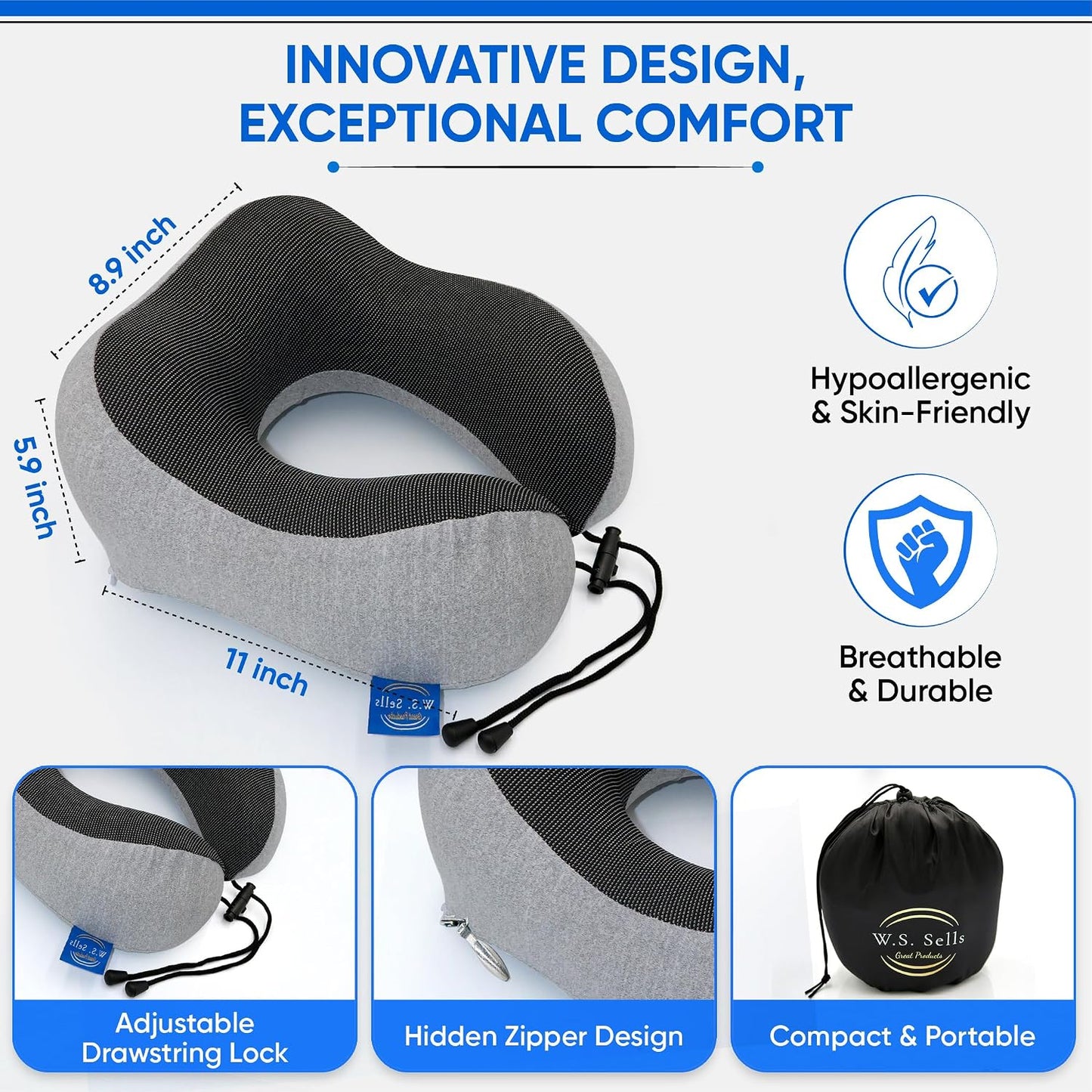 W.S. Sells Travel Neck Pillows for Airplanes - Pure Memory Foam with Ergonomic Design & Breathable Fabric - Travel Pillows for Airplanes & Cars - Set of Travel Essentials with Sleep Mask & Ear Plugs