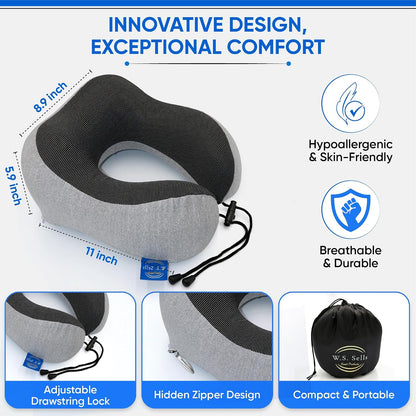W.S. Sells Travel Neck Pillows for Airplanes - Pure Memory Foam with Ergonomic Design & Breathable Fabric - Travel Pillows for Airplanes & Cars - Set of Travel Essentials with Sleep Mask & Ear Plugs