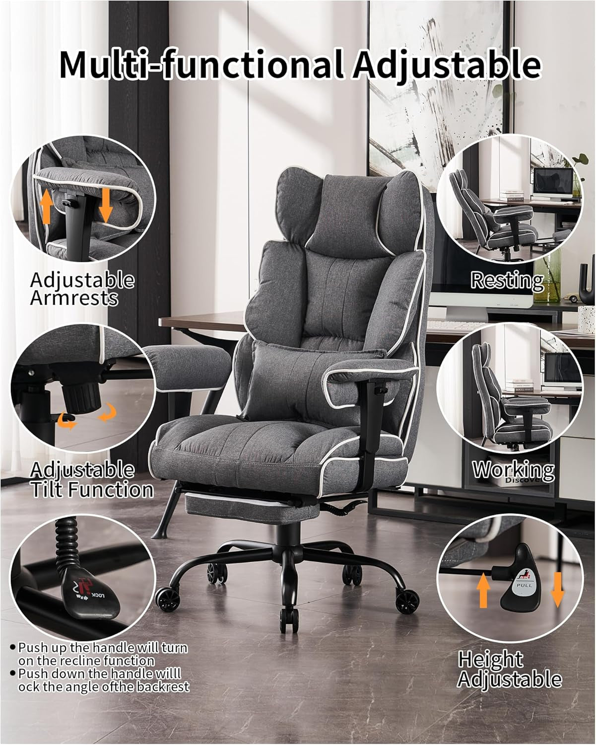 Fabric Office Chair, Big and Tall Office Chair 400 Lb Weight Capacity, High Back Executive Office Chair with Foot Rest, Ergonomic Office Chair for Back Pain Relief, Gray