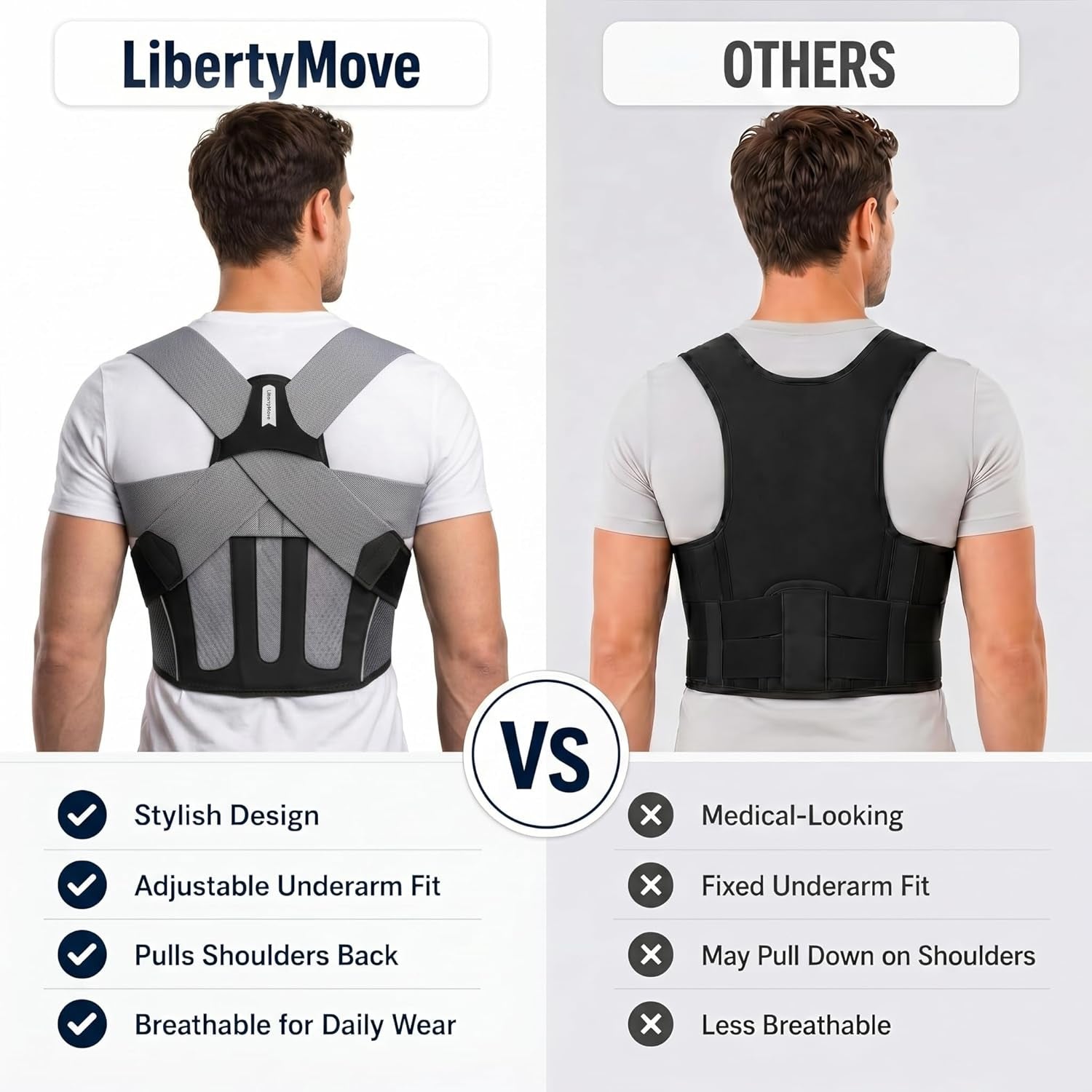 Posture Corrector for Men, Adjustable Upper Back Brace with Breathable Mesh Back, 4 Flexible Support Stays & Underarm Fit Adjustment, Back Straightener Helps Reduce Slouching Strain for Desk Work, Sitting, Reading & Posture Training