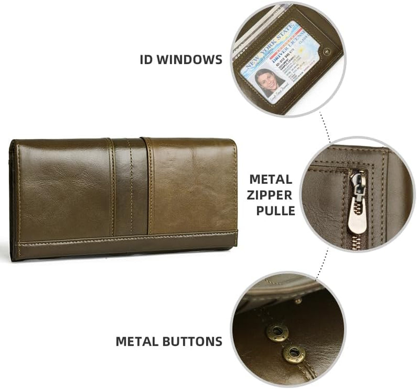 RFID Blocking Wallets for Women Leather Long Ladies Wallet Bifold Womens Wallet with Coin Pocket ID Window,Darkgreen