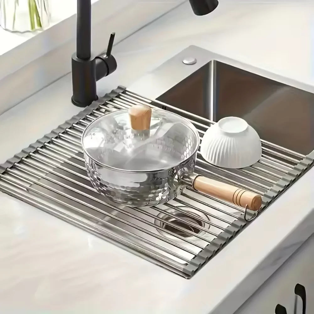 Rollable Foldable Stainless Steel Sink Drying Rack Kitchen Multifunctional Dish Drainer for Vegetable Fruit Storage
