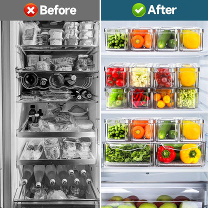 14 Pack Fridge Organizers and Storage - Refrigerator Organizer Bins with Lids, Bpa-Free Fridge Organization, Fruit Storage Containers for Fridge, Vegetable, Food, Drinks, Cereals, Clear