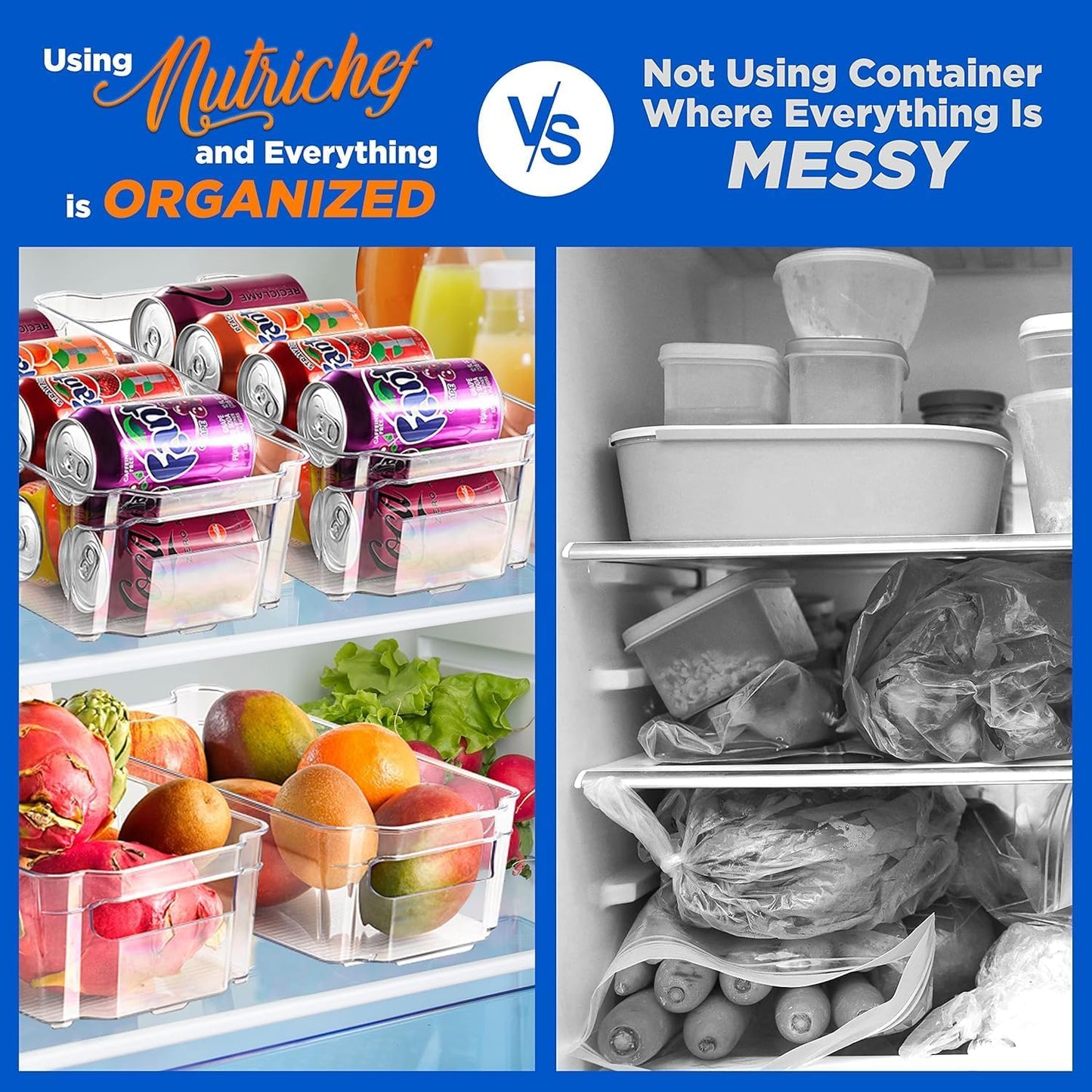 Refrigerator Organizer Bins 6-Piece - Plastic Storage Bins with Egg Holder - for Fridge, Freezer, Kitchen, Cabinet, Countertops, Pantry - Stackable Food & Drink Containers, 14.5"X7" - Clear