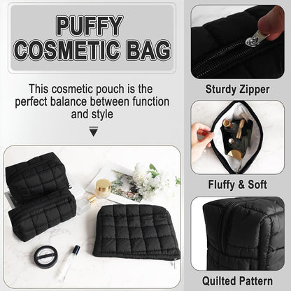 3Pcs Quilted Makeup Bag for Women Puffy Cosmetic Bags Cute Checkered Travel Toiletry Bag Puffer Makeup Pouch for Purse Pencil Case Zipper Puffer Skincare Brushes Storage Organizer(Black)