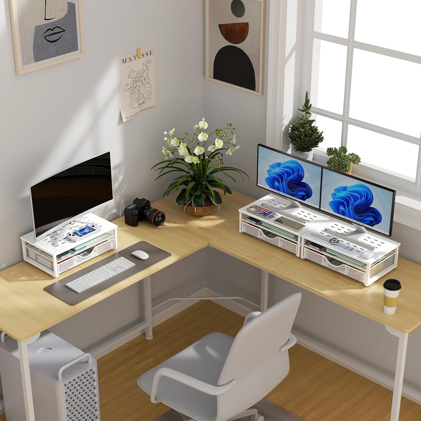 Computer Monitor Stand Riser, Office Organizer with Drawer, Office Organizers Storage for Classroom Office Supplies (White)