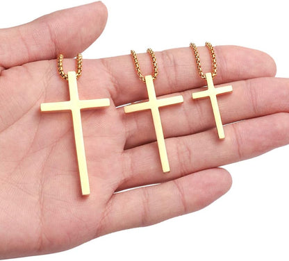Cross Necklace for Men Teen Boys, Silver Black Gold Stainless Steel Plain Cross Pendant Necklace Box Chain 16-30 Inch