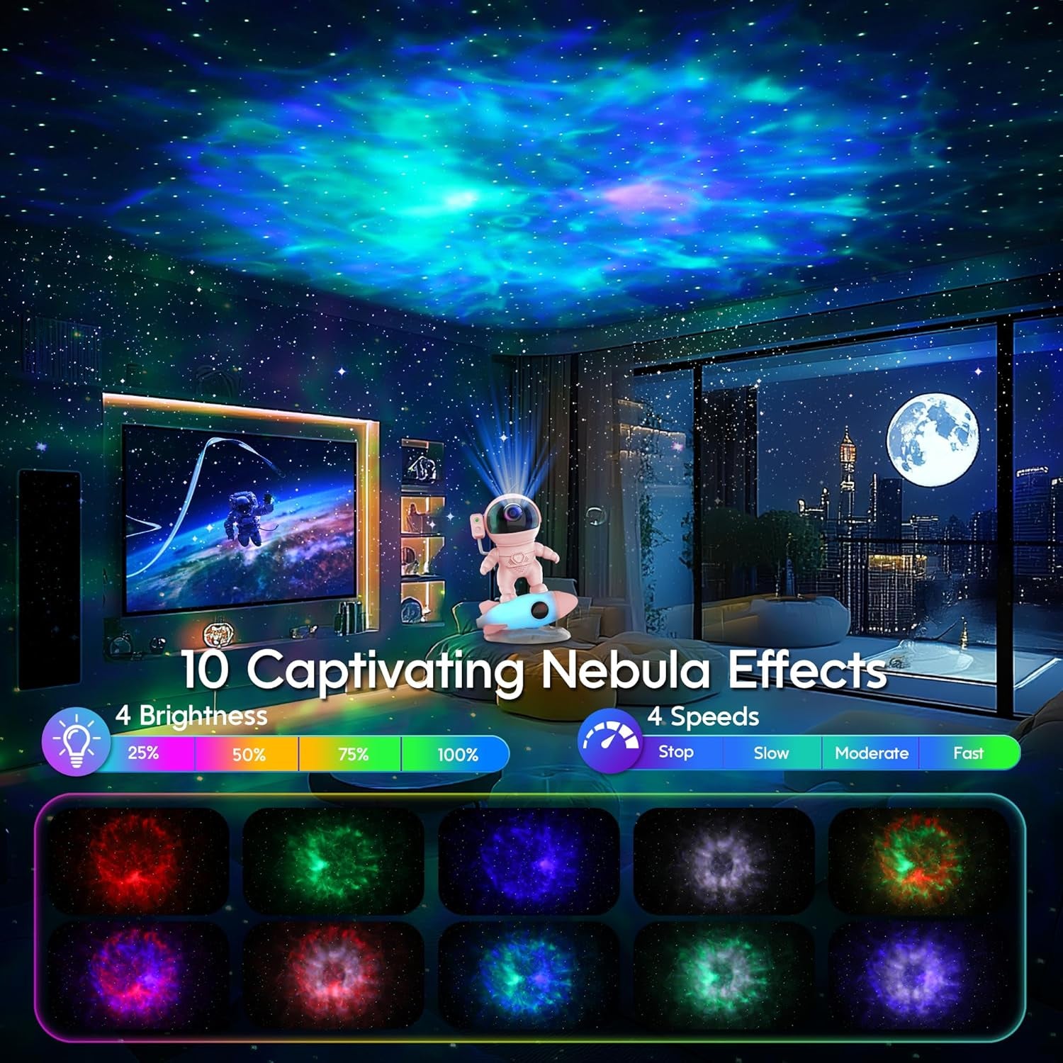 Astronaut Galaxy Projector, Star Nebula Projector with Rocket Lamp, Night Lights LED Star Projectors for Bedroom, Remote Control, White Noises, Bluetooth Speaker for Bedroom