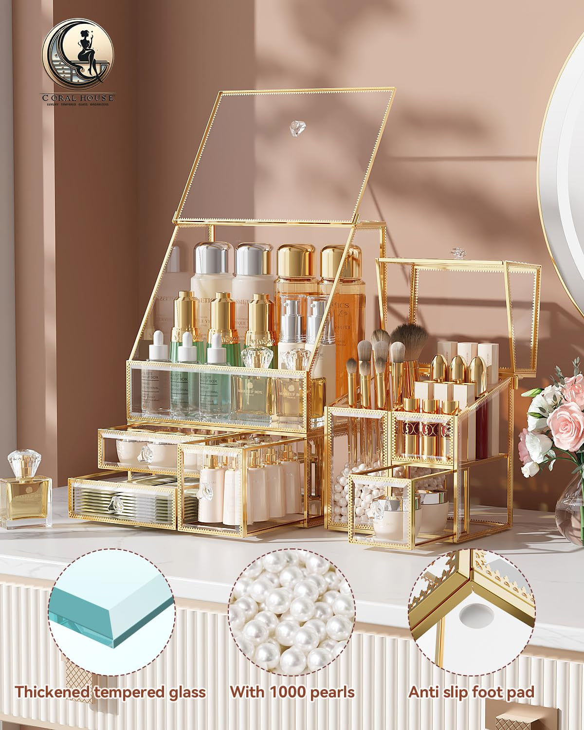 Clear Makeup Organizer Countertop with Gold Frame for Vanity Skincare + Tempered Glass Disposable Face Towel Holder with 3 Drawers for Bathroom Storage