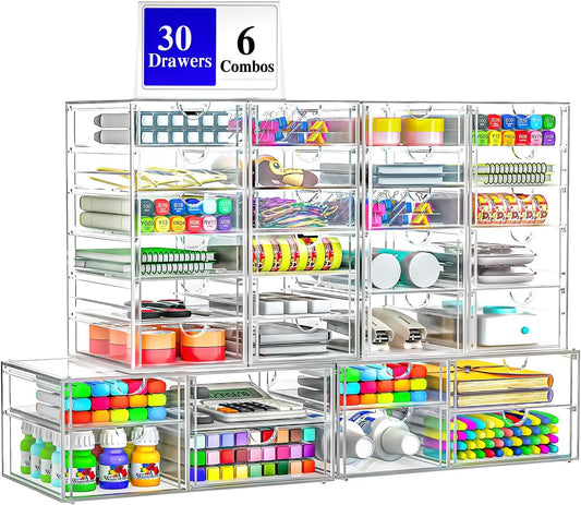 30 Drawers, Acrylic Desk Makeup Organizer, Plastic Drawers Organizer, Stackable Storage Solution for Makeup, Dresser, Office, Bathroom Clear Plastic Craft and Bead Storage Cabinet