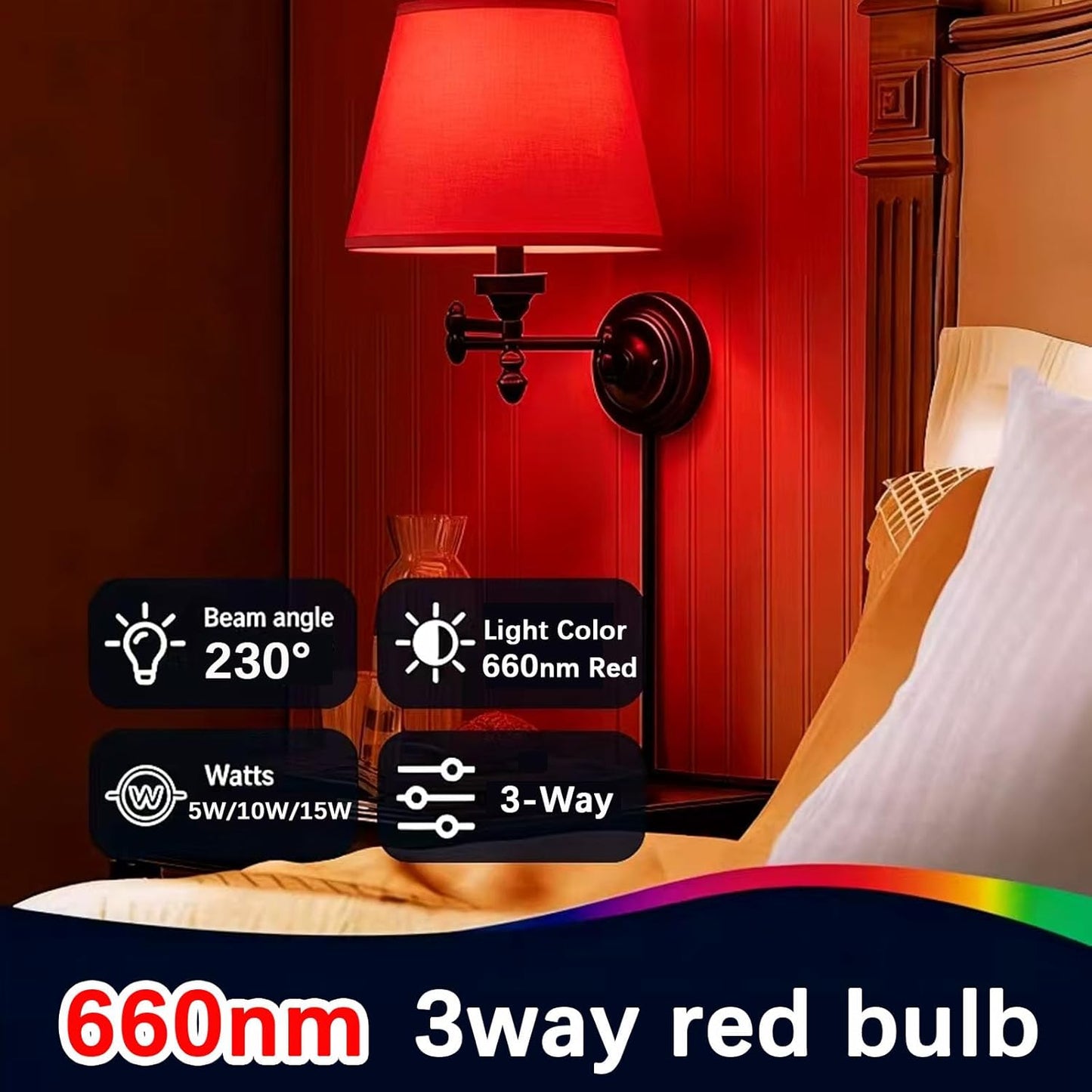 3Way Bulb Red Light Bulbs, 660Nm Red Light Bulb, E26 A19 3Way Bulb 5/10/15W, 3Way LED Bulb for Sleep, Reading, Desk Lamps, Floor Lamps, 2Packs