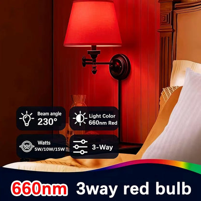 3Way Bulb Red Light Bulbs, 660Nm Red Light Bulb, E26 A19 3Way Bulb 5/10/15W, 3Way LED Bulb for Sleep, Reading, Desk Lamps, Floor Lamps, 2Packs