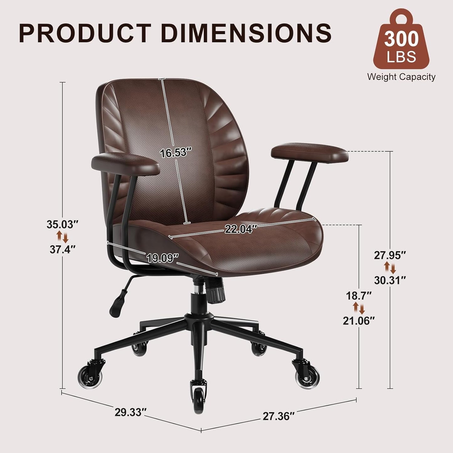 Home Office Desk Chair, Adjustable Comfy Office Chair with Wheels,Leather Office Chair with Removable Armrests, Office Desk Chair with Lumbar Support for Home Office or Workspace, Dark Brown