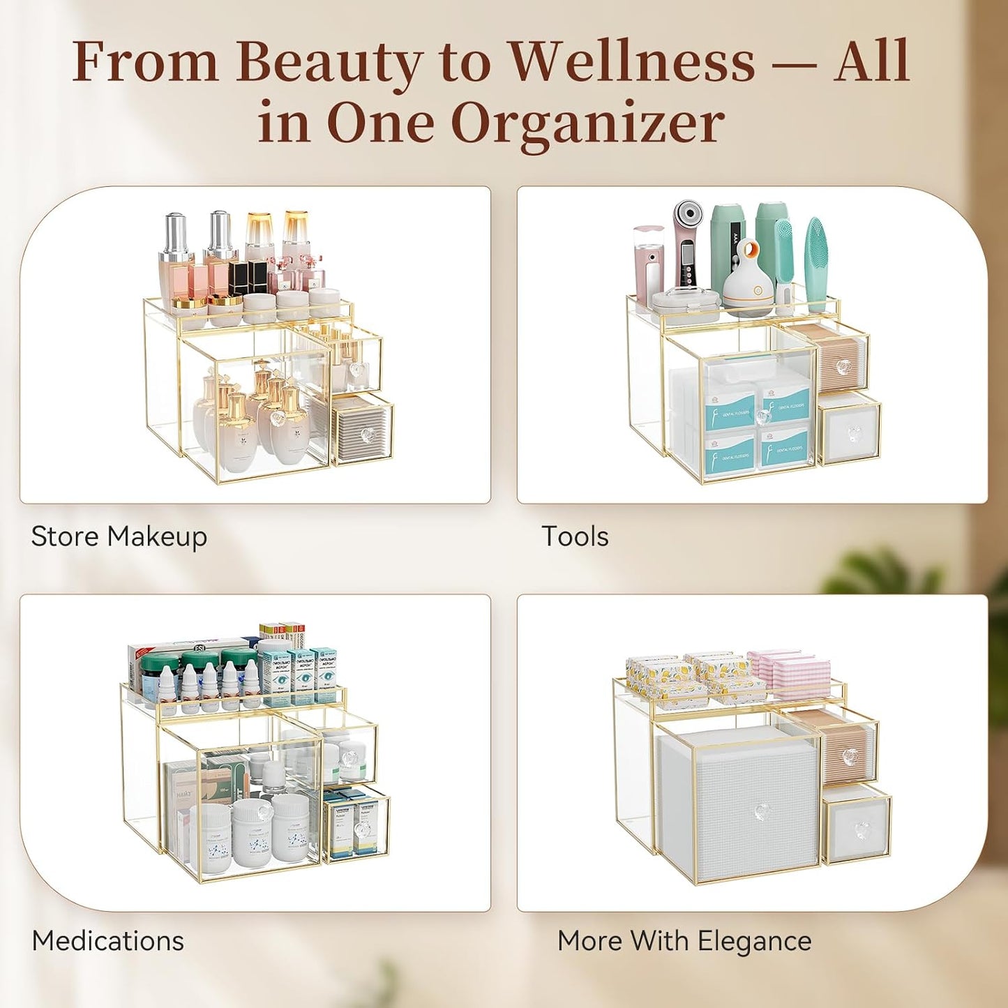 Clear Makeup Organizer Countertop with Gold Frame for Vanity Skincare + Tempered Glass Disposable Face Towel Holder with 3 Drawers for Bathroom Storage