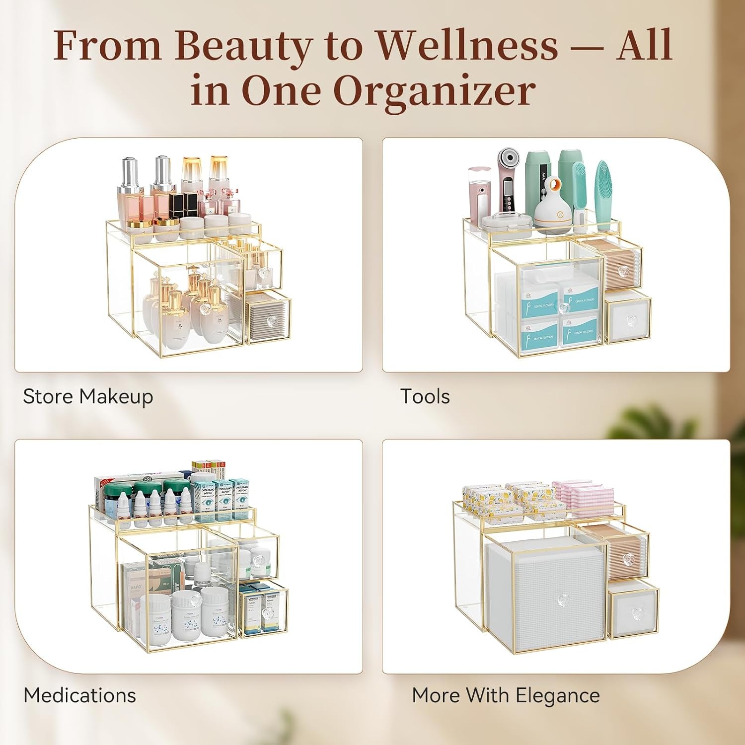 Clear Makeup Organizer Countertop with Gold Frame for Vanity Skincare + Tempered Glass Disposable Face Towel Holder with 3 Drawers for Bathroom Storage