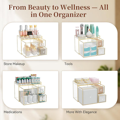 Clear Makeup Organizer Countertop with Gold Frame for Vanity Skincare + Tempered Glass Disposable Face Towel Holder with 3 Drawers for Bathroom Storage