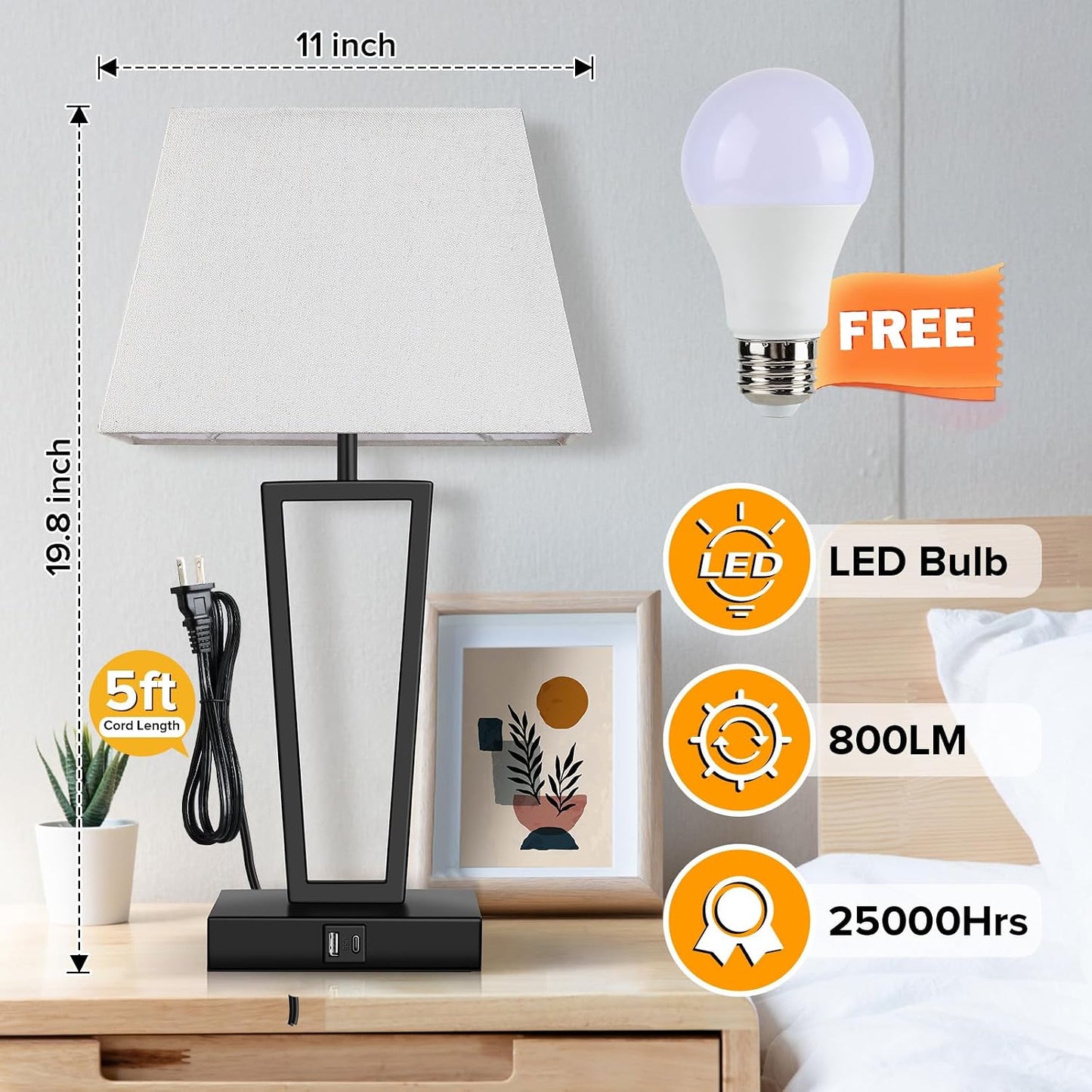 Hotel Style Modern Bedside Lamps Set of 2,Touch Control &3-Way Dimmable,Black Geometric Table Lamps with USB-C & USB-A Charging Ports for Bedroom,Nightstands,Living Room (2 Bulbs Included)
