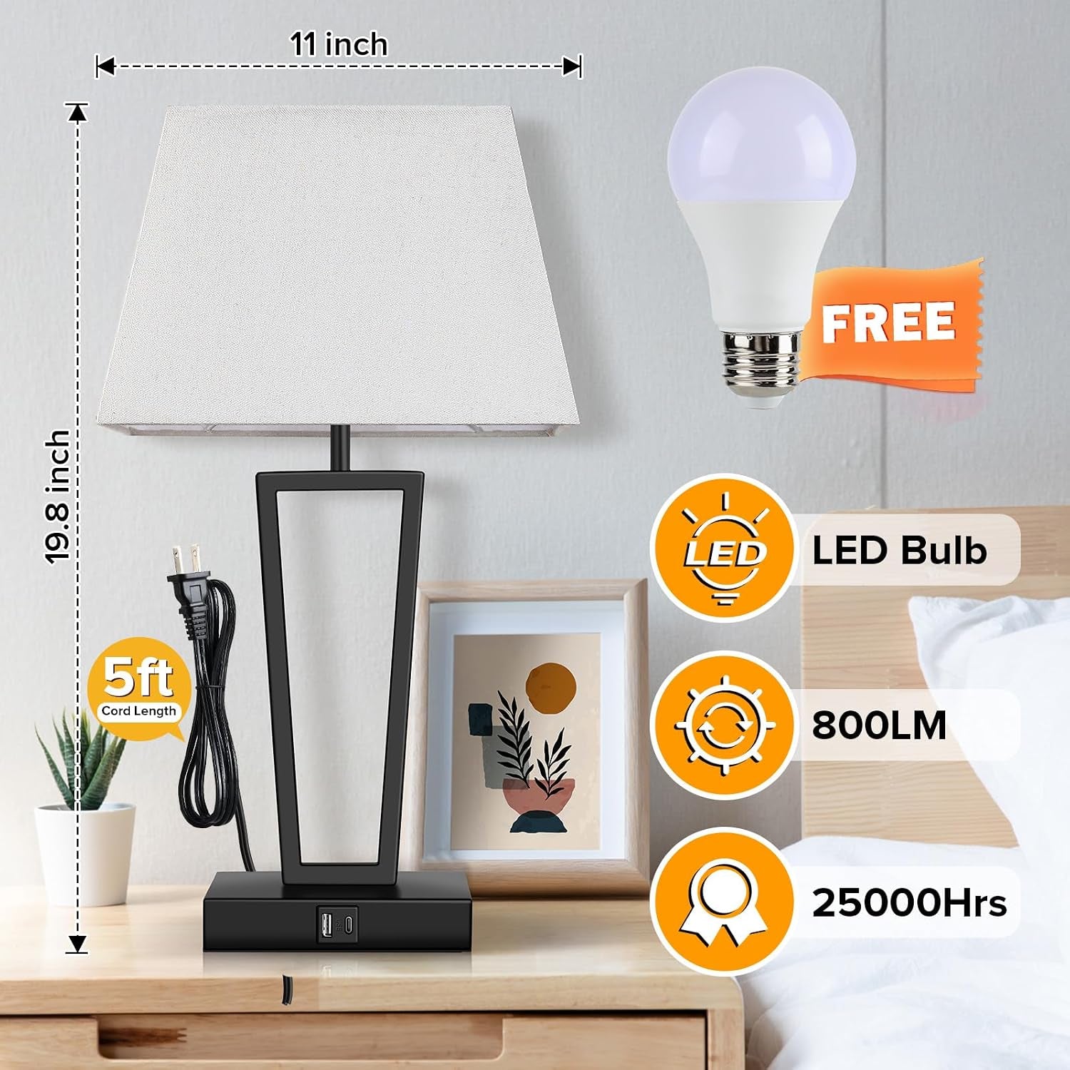 Hotel Style Modern Bedside Lamps Set of 2,Touch Control &3-Way Dimmable,Black Geometric Table Lamps with USB-C & USB-A Charging Ports for Bedroom,Nightstands,Living Room (2 Bulbs Included)