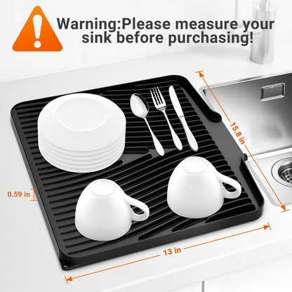 Silicone Dish Drying Mat for Kitchen Counter,Dish Drying Pad,Non-Slip Drain Pad with Built-In Drain,Heat Resistant Stone Drying Mat,15.8"X 13",Black,2Pcs