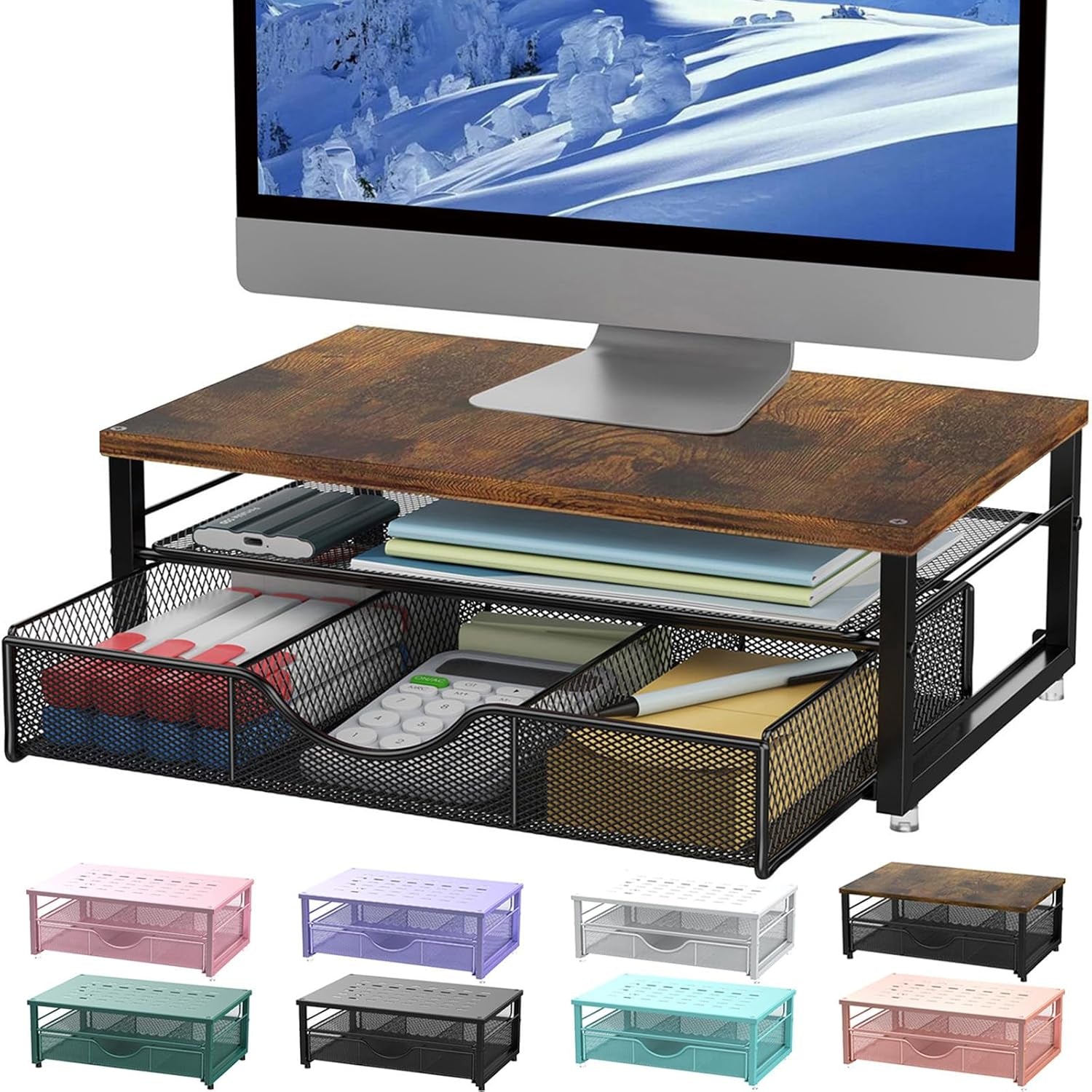 Computer Monitor Stand Riser, Office Organizer with Drawer, Office Organizers Storage for Classroom Office Supplies (Wood)