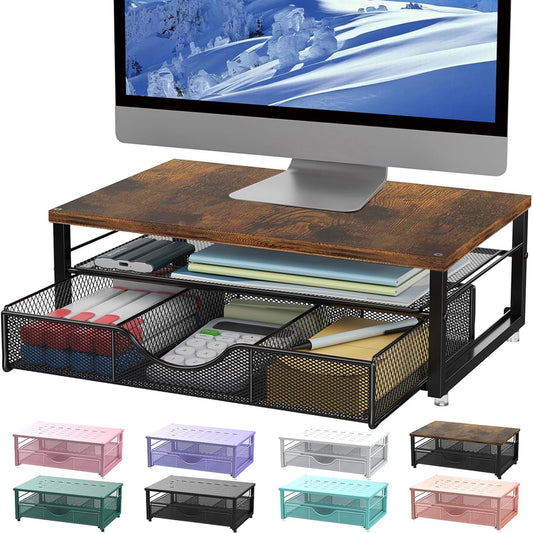 Computer Monitor Stand Riser, Office Organizer with Drawer, Office Organizers Storage for Classroom Office Supplies (Wood)