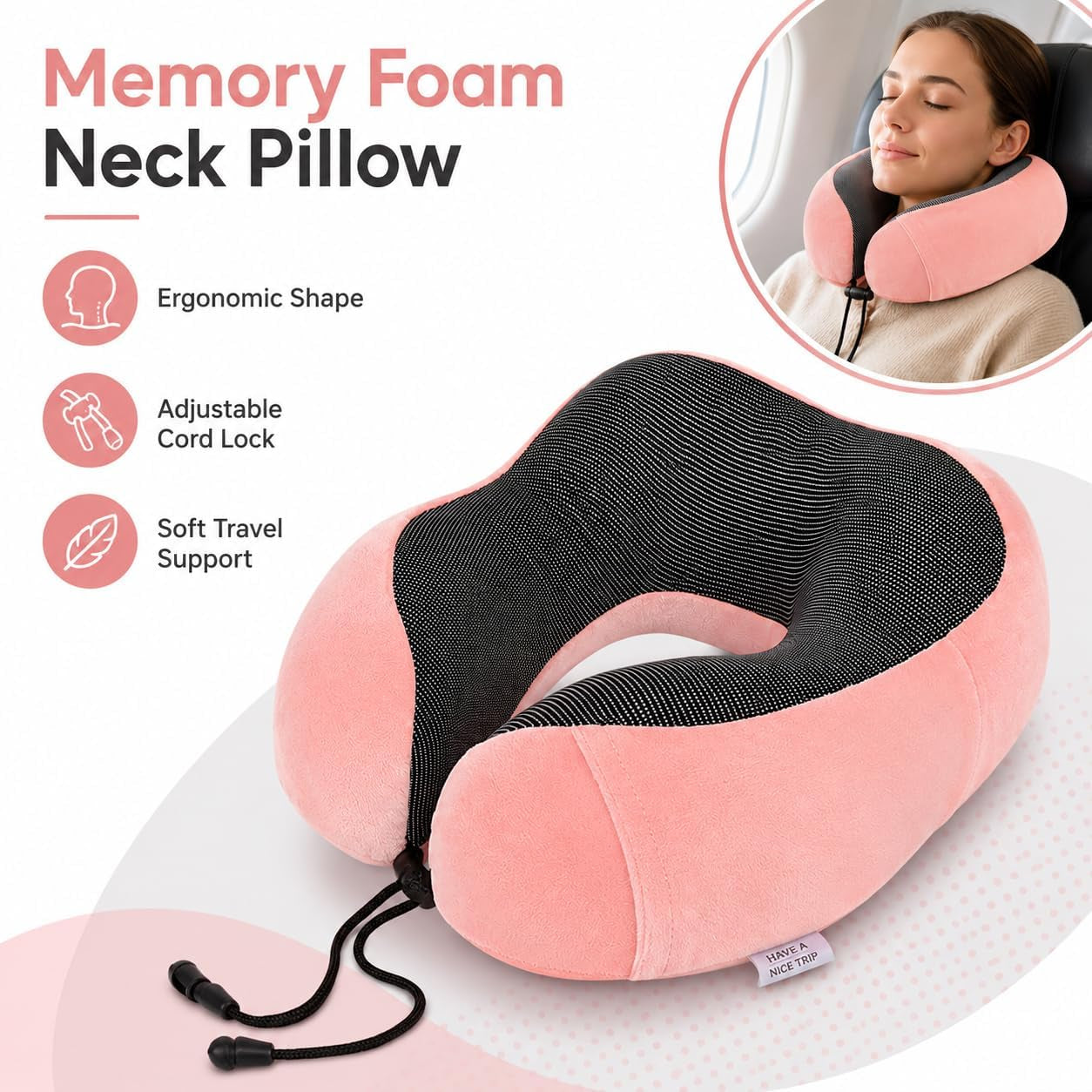 Travel Pillow and Blanket Set & Foot Rest, Memory Foam Neck Pillow Airplane Blanket & Airplane Foot Hammock & Foldable Duffel Bag, Eye Mask & Earplugs, Portable Travel Accessories Essentials, Pink