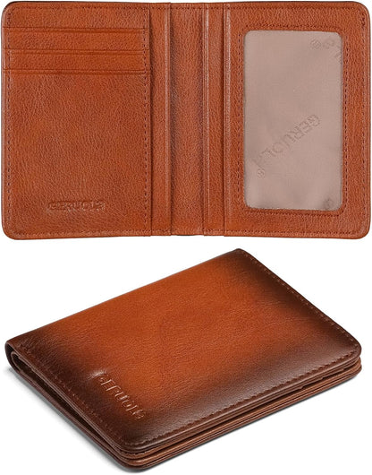 Bifold Slim Men Wallet Genuine Leather Thin, Small Vertical RFID Blocking Wallets for Men ，Compact & Stylish with Clear ID Windows (Brown)