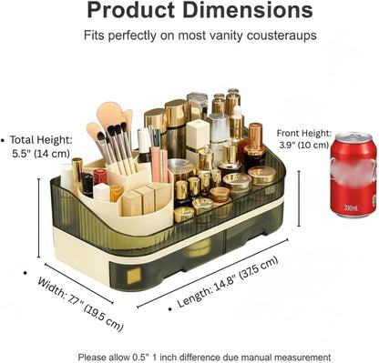 Makeup Organizer Countertop with Dual Drawers, Large Capacity Cosmetic Storage for Vanity Bathroom Skincare, 360° Rotating Makeup Brush Holder