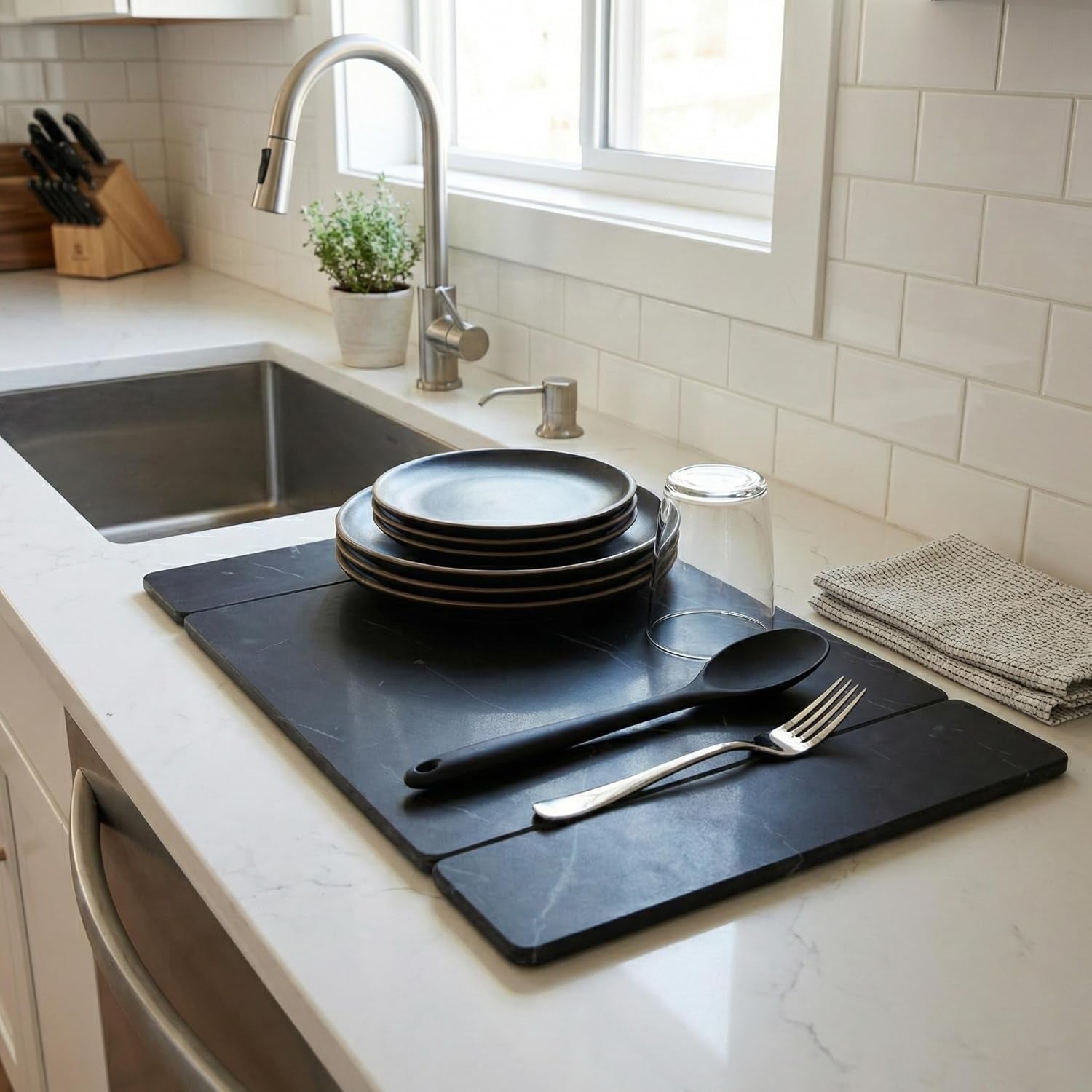 Stone Drying Mat for Kitchen Counter, Diatomite Stone Dish Drying Mat & Kitchen Sink Mat, Quick-Dry Diatomaceous Earth Counter Mat, Collapsible Tri-Panel Design