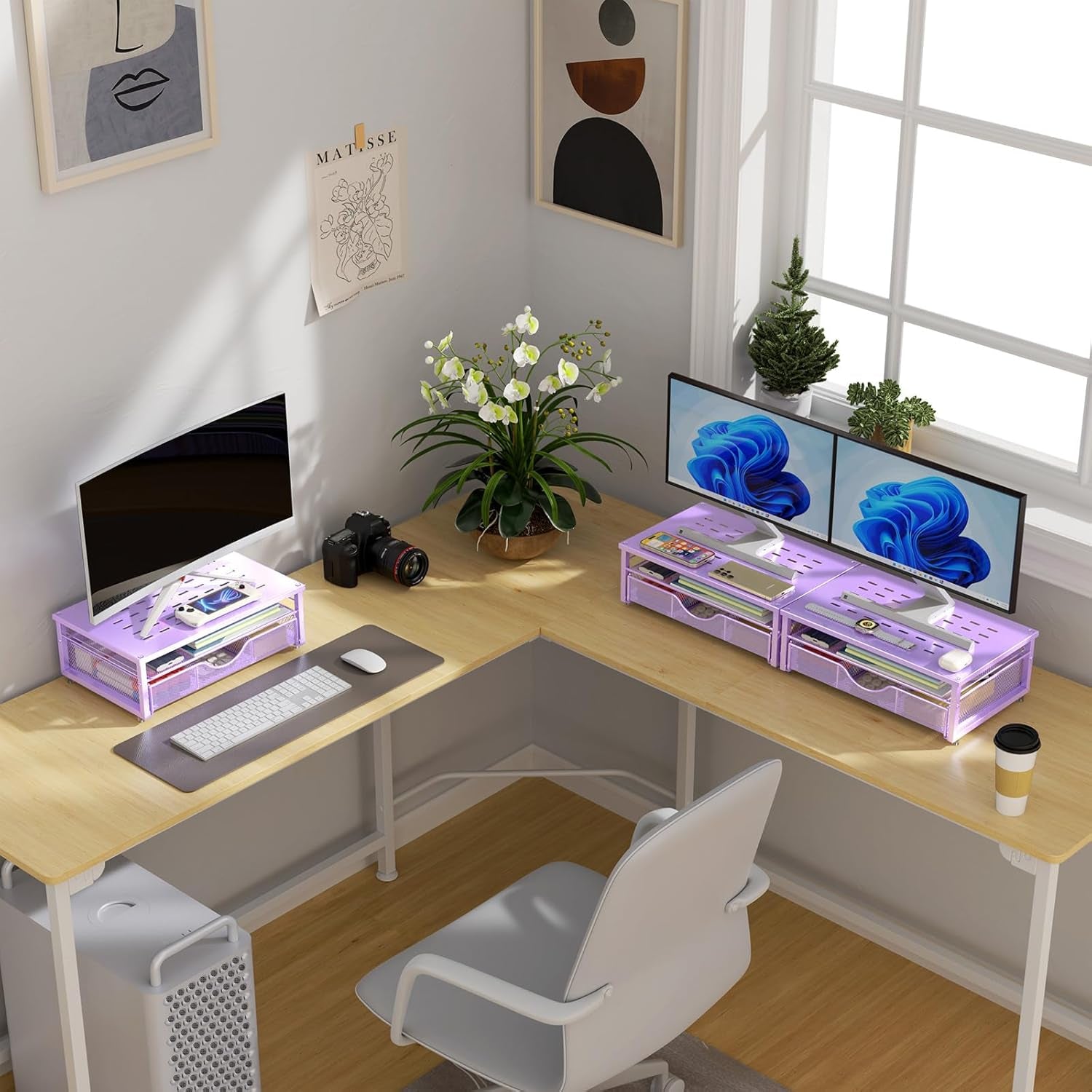 Computer Monitor Stand Riser, Office Organizer with Drawer, Office Organizers Storage for Classroom Office Supplies (Purple)